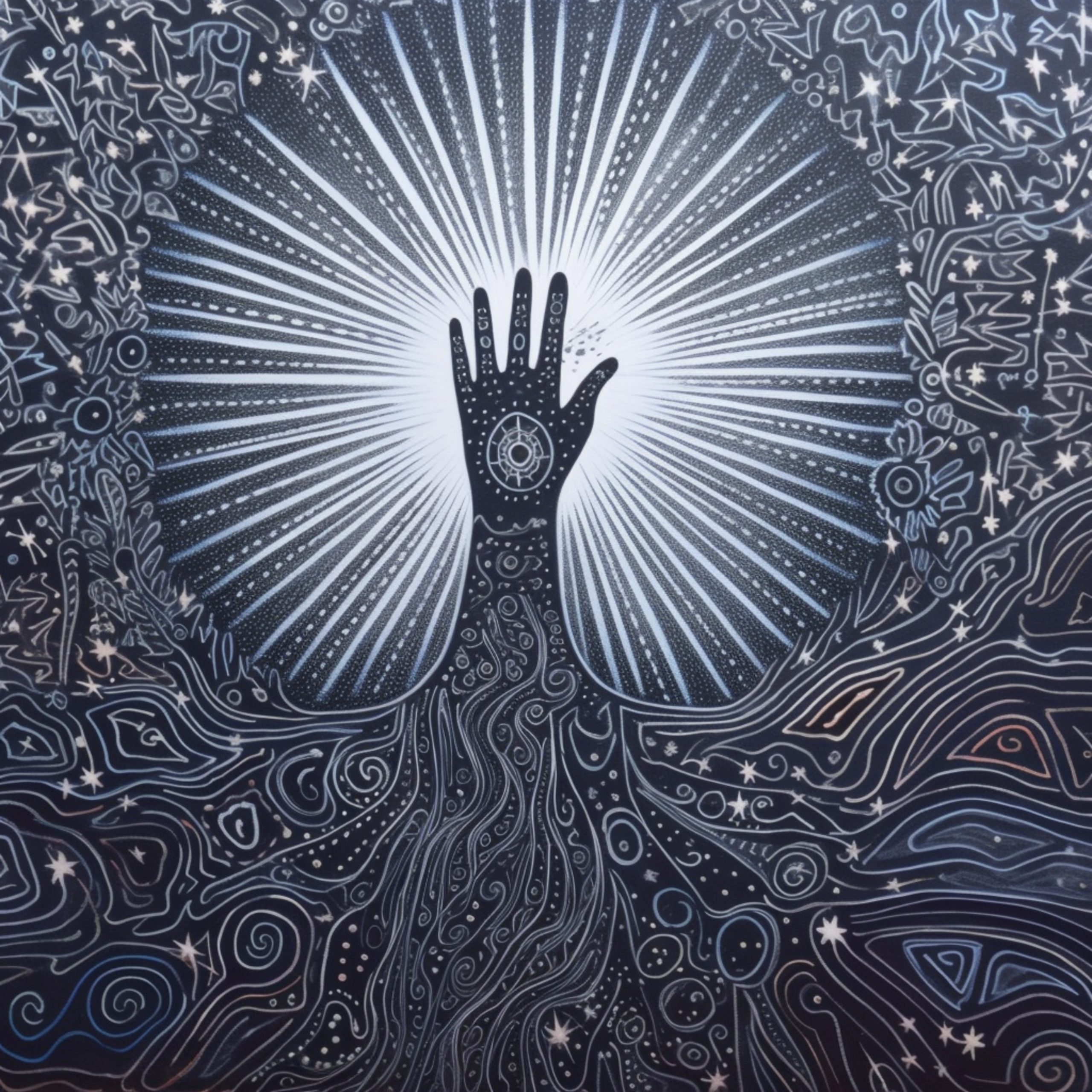 painting of a hand reaching out from a tree with stars. generative ai.